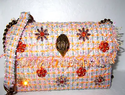 Kurt Geiger Medium Kensington Orange Tweed Flower Chrystal  Shoulder Bag NWT$215 • $149.99