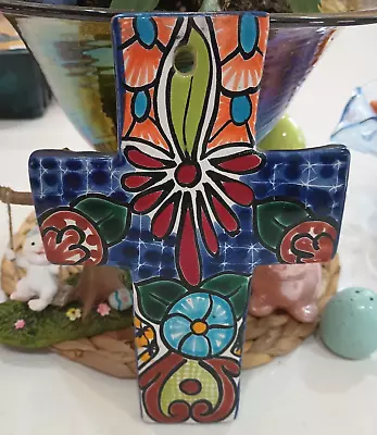 Talavera Style Rea Mexican Pottery Wall Hanging Cross 8 1/2  T 5 1/2  W Colors! • $14.50