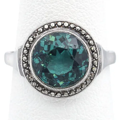 Antique Sterling Silver Blue Zircon & Marcasite Ring • $199