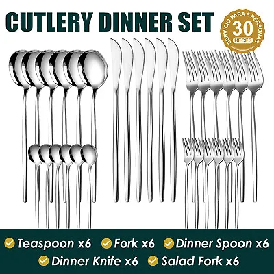 30pc CUTLERY DINNER SET STAINLESS STEEL METAL STAND RACK FORKS TEA SPOONS POLISH • £13.99