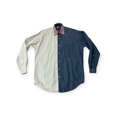 VINTAGE Tommy Hilfiger Shirt Men’s Small/Med Color Block Denim/White Cotton 90s • $22.97