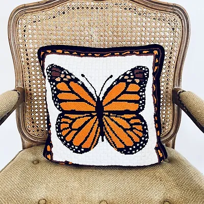 Vtg Columbia Minerva Needlepoint Pillow Monarch Butterfly Complete 14” Granny • $35