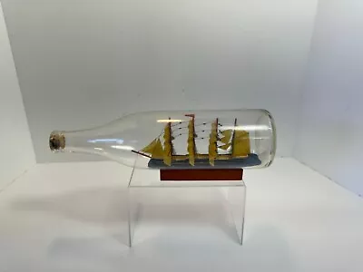 Vintage Sailing Ship In A Bottle Schooner Nautical Wood Stand • $9.99