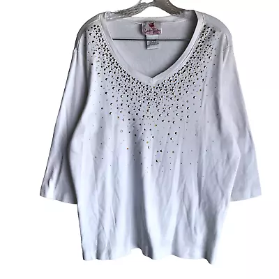 Quacker Factory Women's Top Tee Size XL White Studded Embellished 3/4 Sleeve • $21