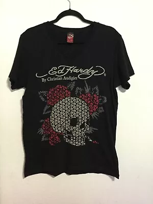 Ed Hardy By Christian Audigier Roses And Skulls  Mens T-Shirt Black Size L • $50