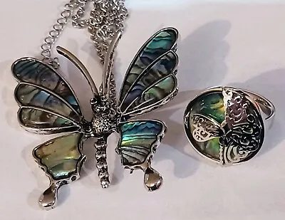 Abalone Shell Butterfly Pendant/necklace 20-22 & Dragonfly Ring Size 7 • $17