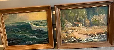 Pair William J Brown Ocean / Cabin Stream Paintings Old Frames Both Signed • $350