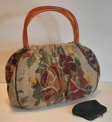 Vtg. Carpet Bag Purse Handbag 1950s Wool Needlework Floral *Mary Poppins • $125