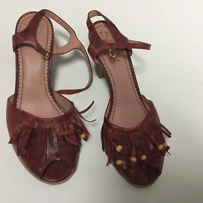 Miss Albright Anthropologie Shoes Heels Leather Size 8BB Fringe Red( See Pics ) • $30.01