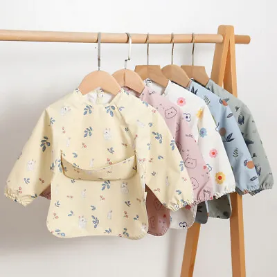 Kids Long-sleeved PU Reverse Dressing Baby Eating Clothes Bib Anti-dirty Bib • £10.67