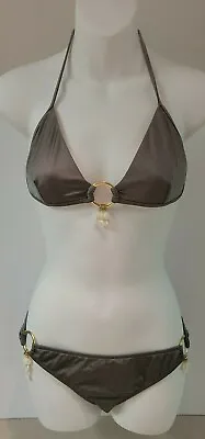 Milly Cabana Gun Metallic Bikini Size Medium Halter Top With Gold Ring Accent • $29.95