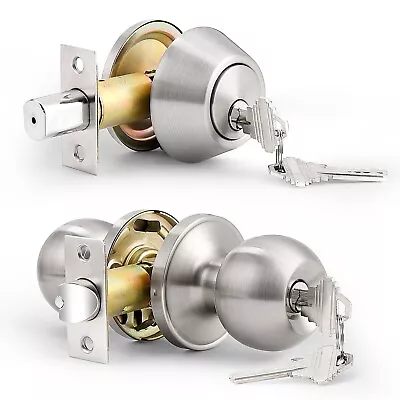 Exterior Front Entry Door Handle Lock Set Round Knob Keyed Alike Single Deadbolt • $34.64