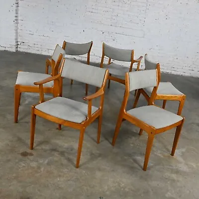 6 Vintage Scandinavian Modern Teak & Gray Fabric Dining Chairs 2 Arm 4 Side • $3495