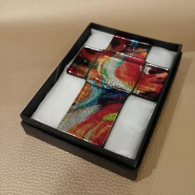 Venetian Murano Glass Art Multi Coloured Abstract Cross Sculpture Pendant • $50.51