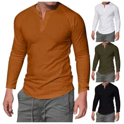 Mens Casual Long Sleeve T-shirt V Neck Slim Fit Muscle Blouse Tee Tops Shirts US • $23.79