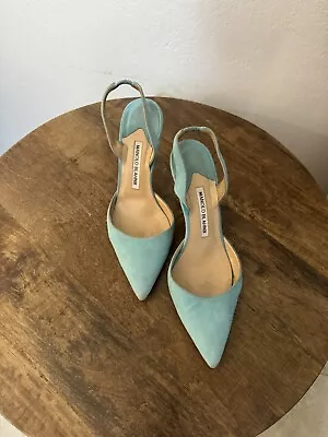 Manolo Blahnik Carolyne Turquois Suede Leather Halter Pump 3.5  Stilletto 37 • $100