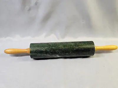 Vintage Green Marble Rolling Pin With Wood Handles ~ Over All Length Is 18 1/2  • $18