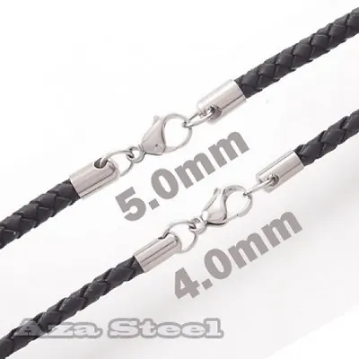 14 ~30  4mm 5mm Black Braided Genuine Leather Cord Stainless Steel Men Necklace • $7.99