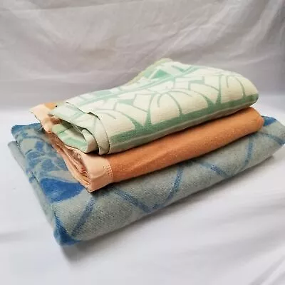 3 Vintage 50s 60s WOOL Bed Spreads Blankets Blue Orange Green Pattern • $15.50