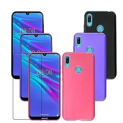 For Huawei Y6 2019 New Slim Clear Black Silicone Gel Phone Case + Tempered Glass • £3.95