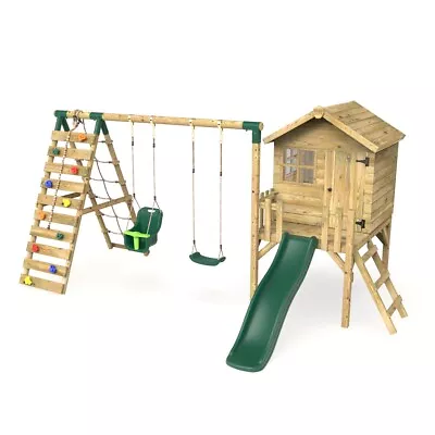 £661.46 • Buy Rebo Orchard 4FT Wooden Playhouse + Swings, Rock Wall, Deck & 6FT Slide – 