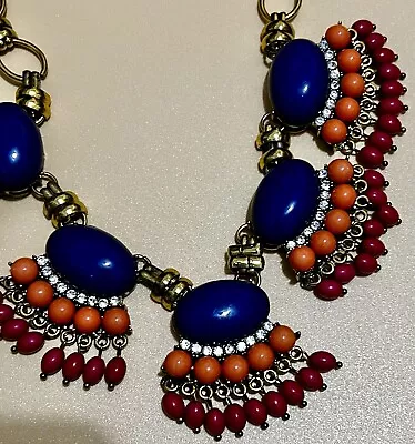 J. Crew Fan Fringe Statement Necklace Hot Pink Neon Orange Navy Blue  • $25