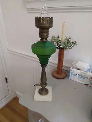 Antique Green Glass & Brass Table Lamp. Marble Base • $38.40