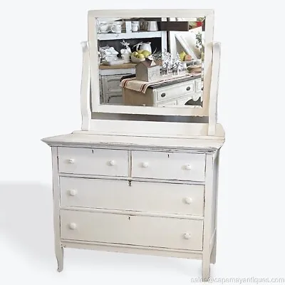 Antique Painted White Dresser W Mirror 4 Drawers Distressed Swing Arm Mirror • $975