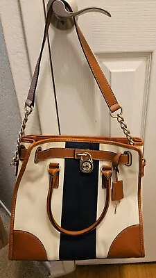 Michael Kors Handbag Purse Bag Hamilton Mono Stripe Navy Luggage + BAG! • $64.99