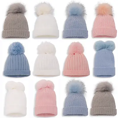 Baby Pom Pom Hat Bobble Beanie Double Knitted Winter Warm Boy Girl Newborn 0-12M • £4.95