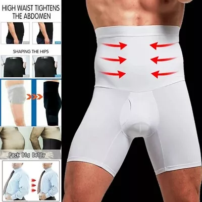 Mens Compression High-Waist Boxer Shorts Tummy Body Shaper Girdle Slimming Pants • £14.79