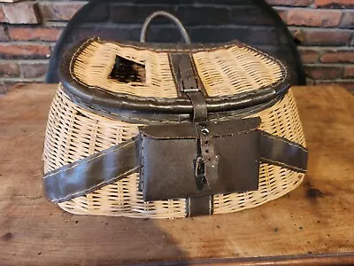 Antique Vintage Fishing Creel Wicker & Leather Basket Tackle Bait Box Fly Trout  • $97.77