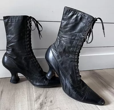 Antique Victorian Edwardian Boots Womens Black Leather High Heel Lace Up Vintage • $58