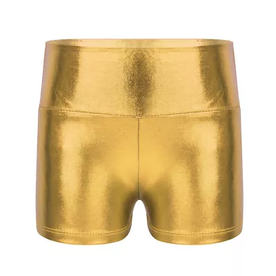 Girls Shiny Metallic Shorts High Waist Ballet Dance Gym Sports Hot Pants Bottoms • £6.12