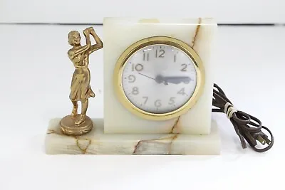 Vintage Session White Marble Mantle Desk Clock Woman Golfer - Works • $49.99