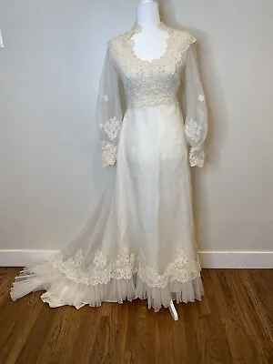 Vintage Union Made Wedding Dress Size 8 Queen Anne High Neck Lace Long Sleeve J4 • $176
