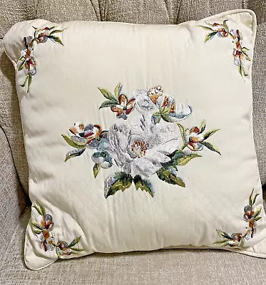 Off White Square Machine Embroidered Throw Pillow Magnolia Flower 15  Decorative • $25