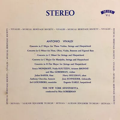 [EX 1 LP] Antonio Vivaldi - CONCERTO Musical Heritage Society MHS V-1 • $6.99