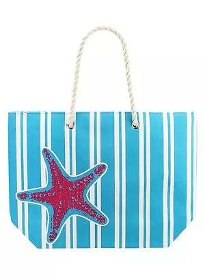 Turquoise Starfish & Stripes Canvas Beach Tote Bag • $25.99