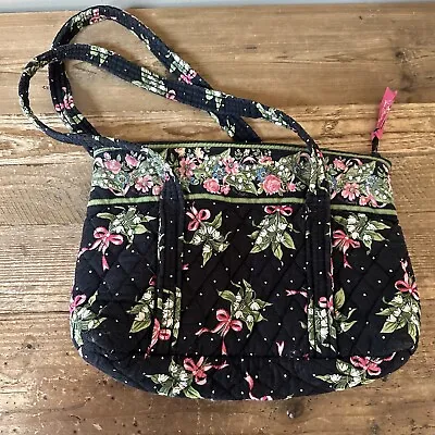 Vera Bradley New Hope Quilted Shoulder Bag Black Pink  Floral Lily Of Valley • $22