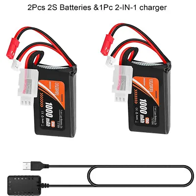2x 7.4V 1000mAh 2S 35C Lipo Battery JST Plug With 2 In 1 USB Charger For RC Cars • $36.09