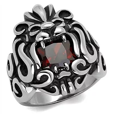 Stainless Steel Lions Lion Head Dark Red CZ Ring SZ 8-13 • $14.23