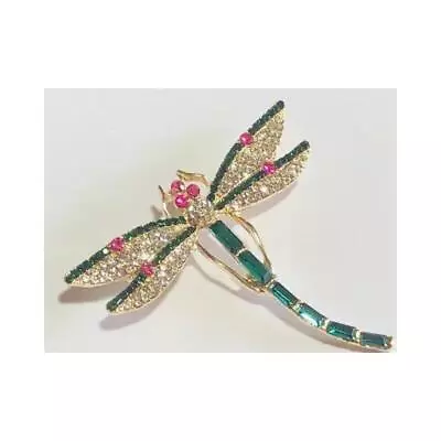 Oversized Dragonfly Brooch Pin Vintage Golden Tone Green Enameled Scarf Clip New • $9.99