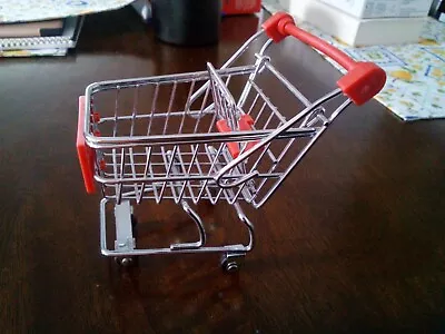 Miniature Replica Silver  Red Metal Shopping Cart Rolls On Wheels Door Ding • $7.99
