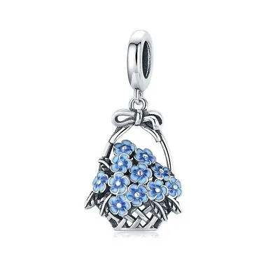 $26.99 • Buy SOLID Sterling Silver Vintage Basket Of Blue Flowers Charm By Unique Designs