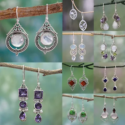 $2.74 • Buy Women 925 Silver Retro Moonstone Earrings Handmade Jewelry Boho Ear Dangle Gifts