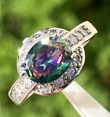 Ring 925 Silver Mystic Topaz & White CZ Halo Band Ring SZ 9 Shimmer & Shine! • $25