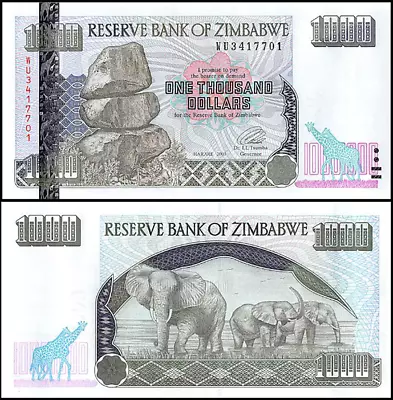 Zimbabwe 1000 Dollar Bill 2003 Banknote Money Currency -Pre Billion Inflation • $2.49