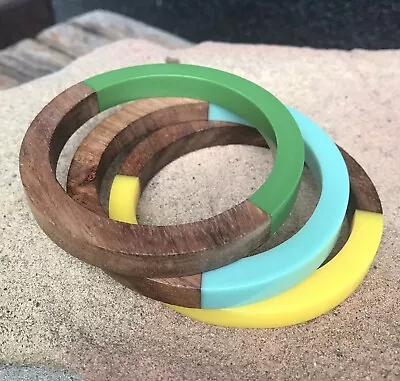 Three Vintage Mid Century Teak Wood Colored Plastic Bangle Bracelets 7 1/2 Inch • $27