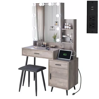 Vanity Desk With Large Lighted Mirror Vanity Makup Table Set Dressing Wi/Cabinet • $185.90